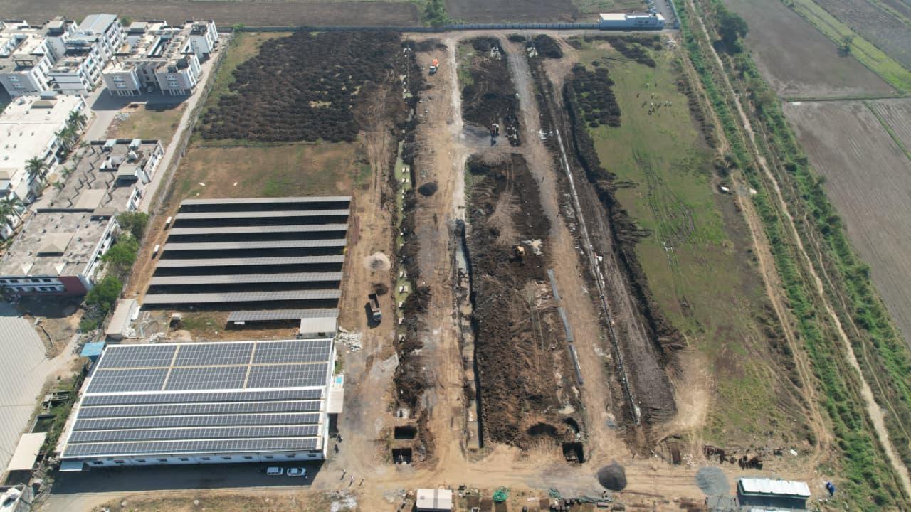 Aerial view of an integrated industrial and renewable energy site